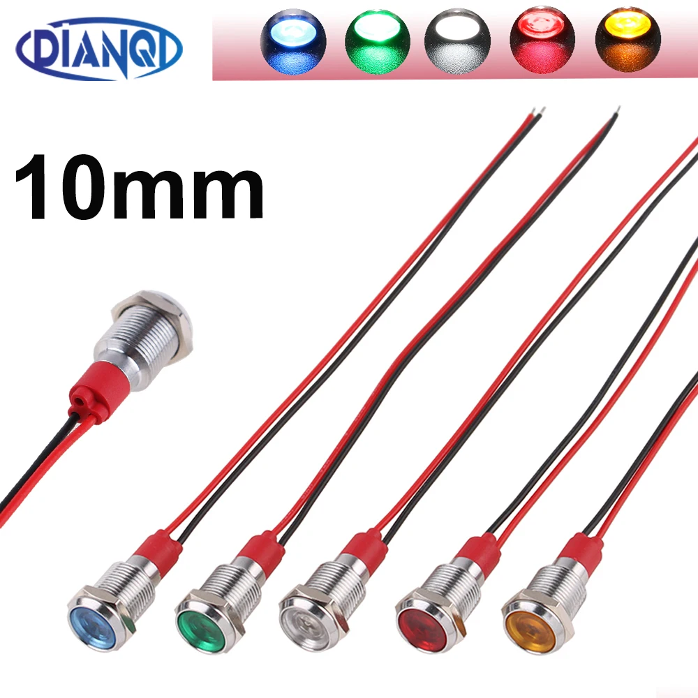 1pc LED Metal Indicator Light 10mm Waterproof Signal Lamp With Wire 6V 12V 24V 110V 220V Red Yellow Blue Green White