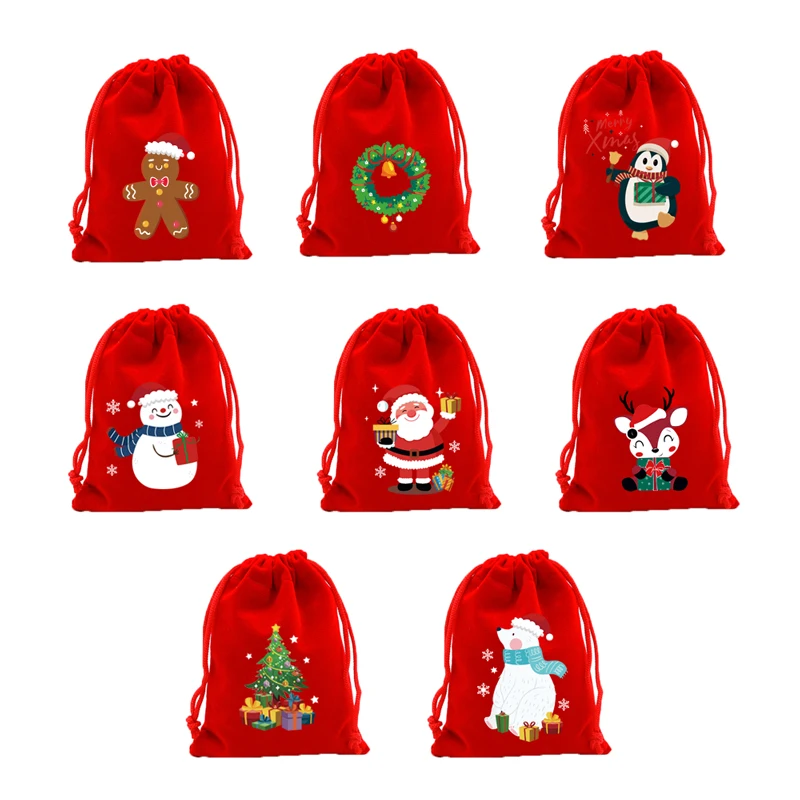 5pcs Red Velvet Drawstring Bags Merry Christmas Gift Pouches 9x12cm 13x18cm Santa Claus Elk Jewelry Packaging Bag Customize logo