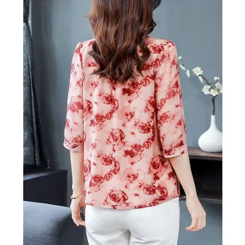 2024 Women\'s New Summer Crew Neck Button Spliced Printed Elegant Loose Appear Thin 3/4 Sleeve Chiffon Shirt Commuter Tops