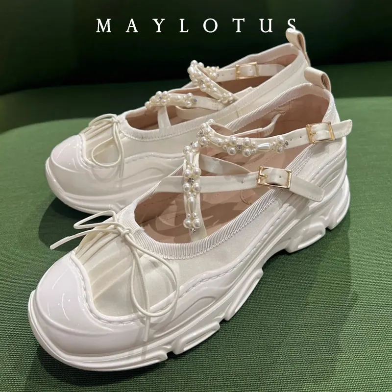 

Spring And Autumn Women's Satin Low Heels Korean Style Pearl Chain Party And Work Wear Mary Jane Flats Ladies' Casual Boat Shoes