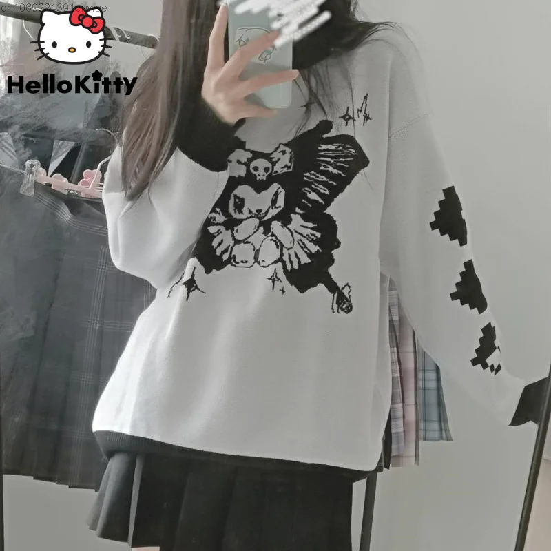 Sanrio Kuromi Long Sleeve Sweater Women Campus Style Fall Winter Pullover Knitted Top Y2k Girls Kawaii Anime Japanese Streetwear