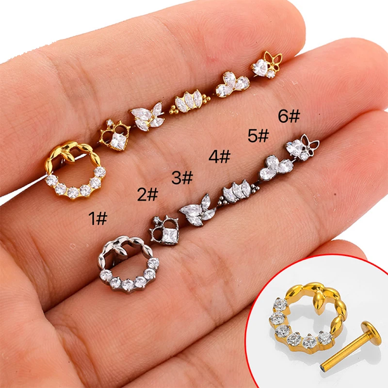 1PC ASTM F136 G23 Titanium Piercing Labret Lip Stud Internal Thread Ear Studs Zircon Horse Eye Cartilage Lobe Piercing Jewelry