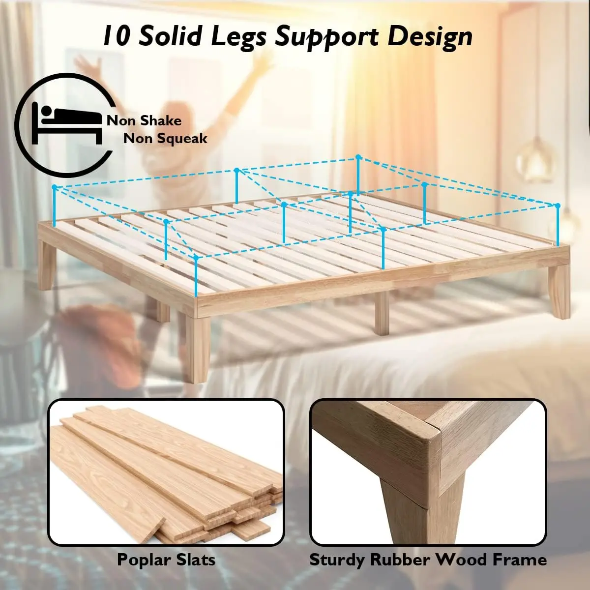 14 Inches Wood Platform Bed Frame King Size, Solid Wood Mattress Foundation with Rubber Wood Frame, Strong Poplar Slat