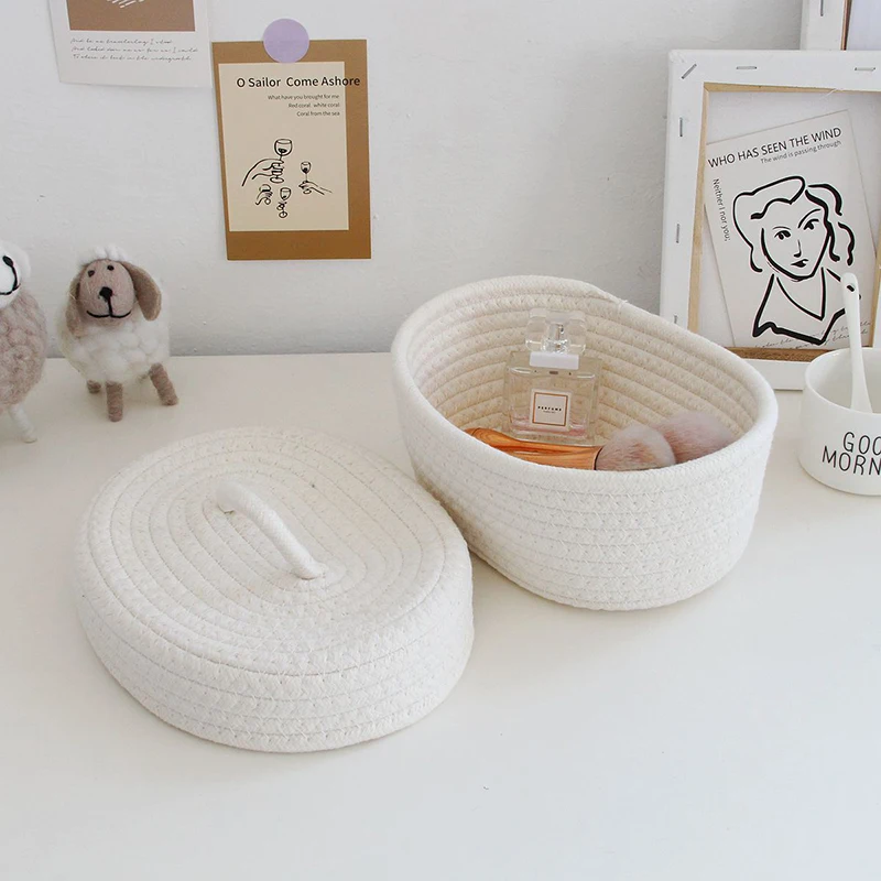 

Storage Baskets Organizer Box Desktop Sundries Cosmetics Snack Hand-Woven Cotton Thread Laundry Toys Supplies Accessories Rattan