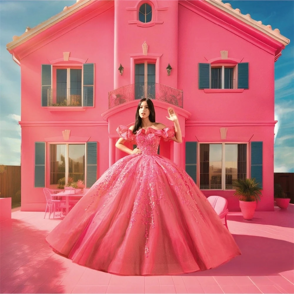 Vestidos de quinceañera Rosa Charro, vestido de baile con hombros descubiertos, apliques de tul mexicano dulce 16, 15 años