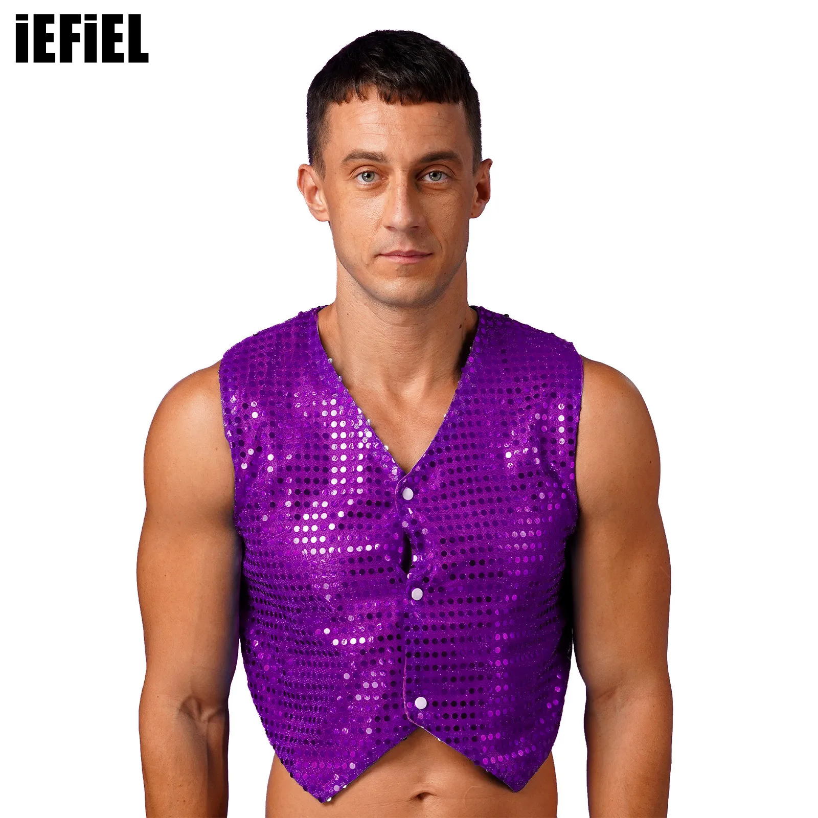 Mens Glittery Sequined Vest V Neck Sleeveless Irregular Hem Waistcoat Jazz Dance Stage Performance Costume