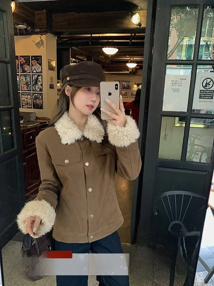 

Women's Retro Coffee Color Faux Lamb Fur Collar Splicing Cotton Jaet ort Commute Coat Warm Long Sve Straight Hem Coat