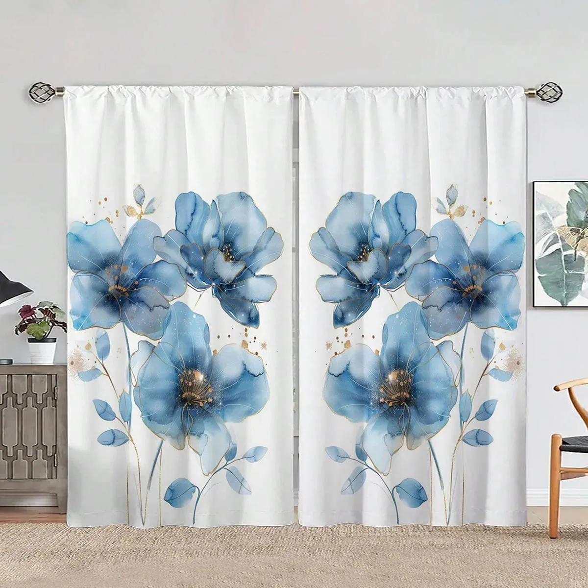 2 Pieces, Blue Watercolor Floral Print Curtains, Pastoral Style, Suitable For Kitchen, Bedroom, And Living Room Decoration.