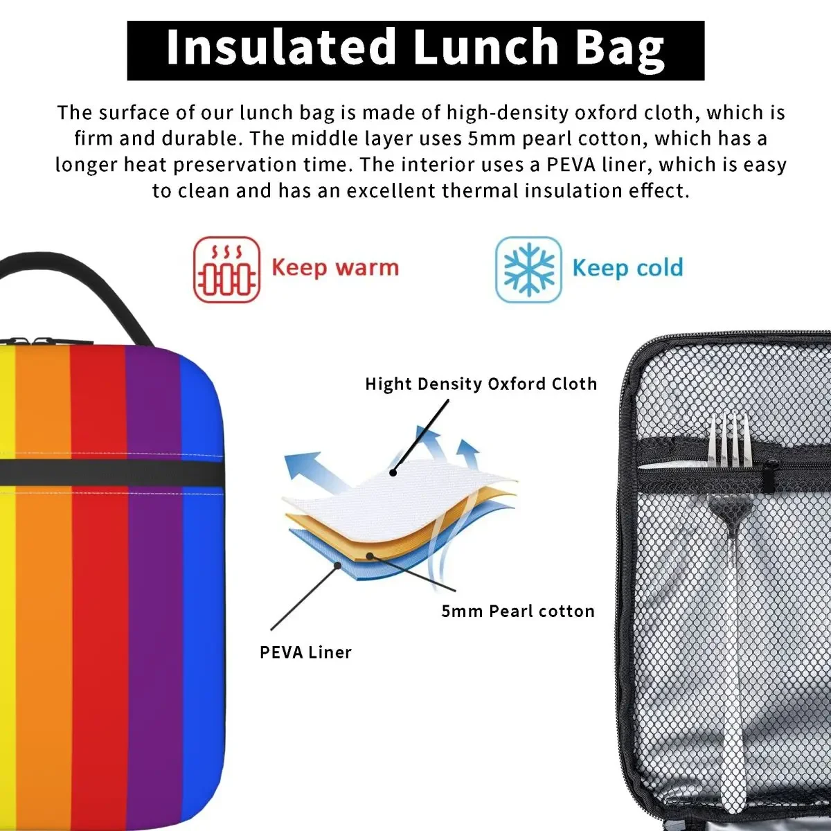 Sac à lunch isotherme arc-en-ciel, conteneur portable, sac thermique, fourre-tout, boîte à lunch, travail, extérieur, sac de nourriture