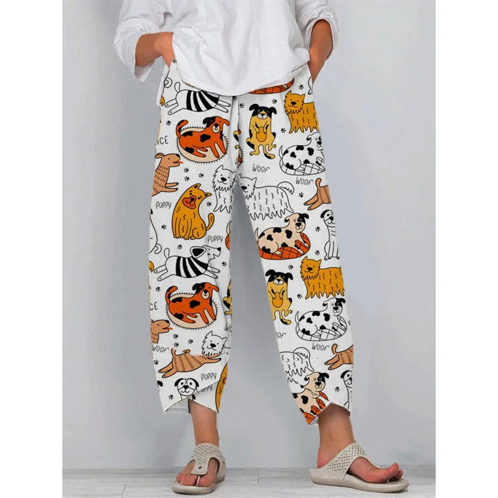 CLOOCL New Women Pants Elastic Waist Trousers with Double Pocket Cartoon Multicolor Dog Pattern Print Ankle-length Pants S-5XL