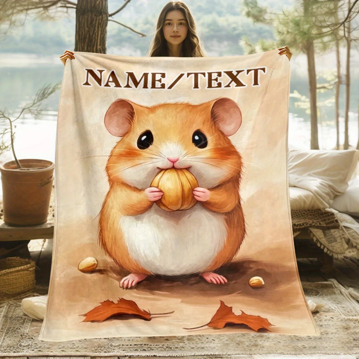 Personalized Hamster Flannel Throw Blanket Soft Warm All-Season Fantasy Design with Autumn Leaves Acorns for Sofa Camping Bed