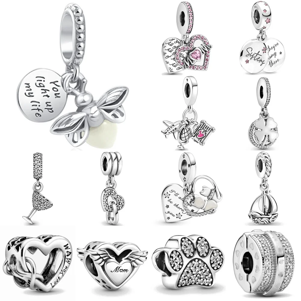 

New 925 Silver Dog Paw Heart-shaped Wing Bead Firefly Pendant Suitable for European Original Bracelet DIY Exquisite Jewelry