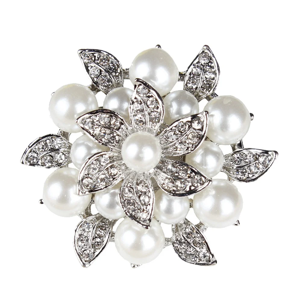 2 قطعة بروش الأزهار للأحذية الكريستال الأحذية الديكور حجر الراين أبازيم اللؤلؤ مقاطع مزدوجة ورقة زهرة تصميم الفضة #5