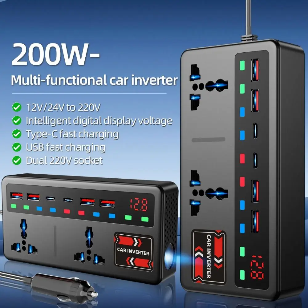 12V/24V To DC220V Car Inverter Power Adapter Multi Charger Socket 200W Converter Car Converter Type-C 3 USB Ports