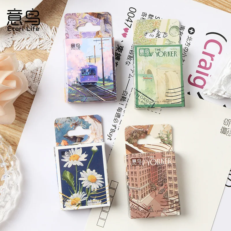 JIANWU 46 Pcs Vintage Decoration Label Boxed Stickers Literature Art Journal Collage Material Scrapbooking Stickers Stationery