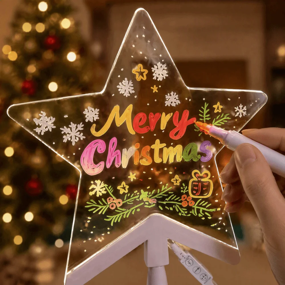 USB Powered Christmas Tree Topper LED Light Acrylic Pentagram Light Erasable Hand Drawing Surface Soft Glowing Light