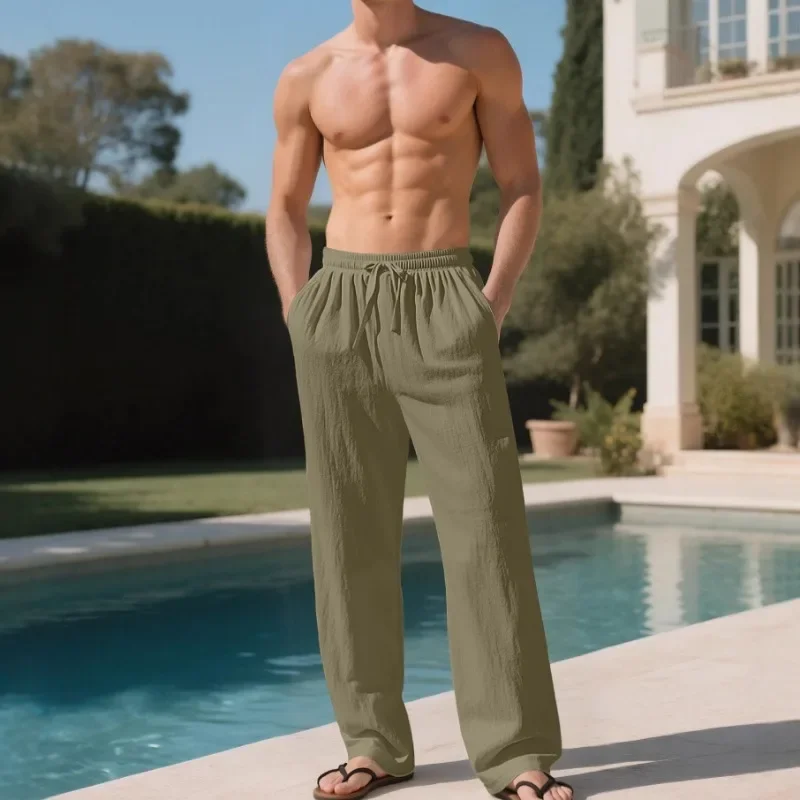 Men's Linen Drawstring Pants - Relaxed Fit Natural Fiber Casual Trousers