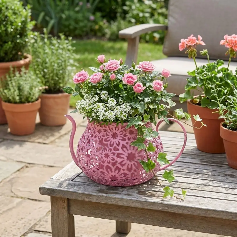 Creative Retro Hollow Teapot Flowerpot Wrought Iron Floral Cutout Flower Pot Double Layer Decorative Flowerpot Garden