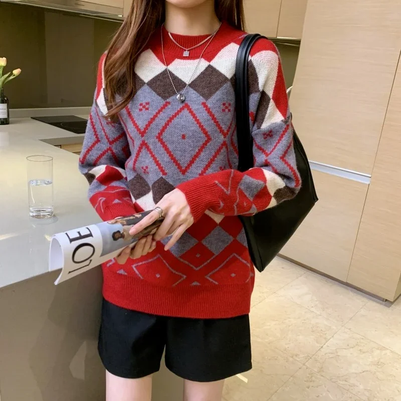 Roter Argyle Strick pullover Frauen O-Ausschnitt lose lässige Pullover Herbst Winter Mode warme Langarm Freizeit Strick pullover
