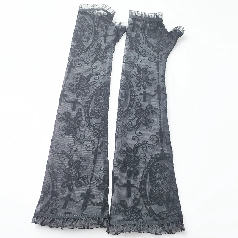 المرأة روز طباعة شبكة مثير لوليتا أسود شفاف طويل أصابع قفازات تأثيري أداء محرك واقية من الشمس غطاء للأكمام