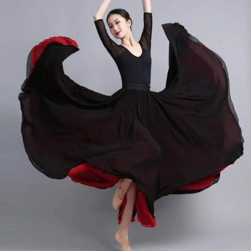 Flamenco Chiffon Dansrok Dames 720 Graden Effen Kleur Lange Rokken Danser Oefenkleding Chinese Stijl Rok met Grote Zoom - afbeelding 2