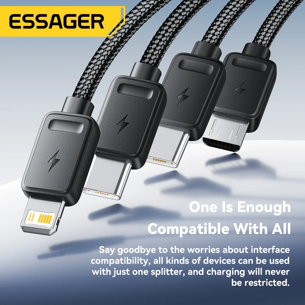 Essager portátil 4 em 1 cabo de carregamento rápido para viagens tipo c fêmea para cabo multi usb com 2 tipo c, micro, adaptadores relâmpago