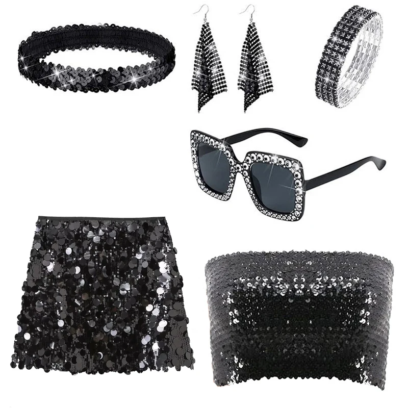 6 Pcs 70s Disco Accessories Women Costume Jewelry Disco Earrings Sequin Scarf Sunglasses Diamond Bracelet Headband Skirt