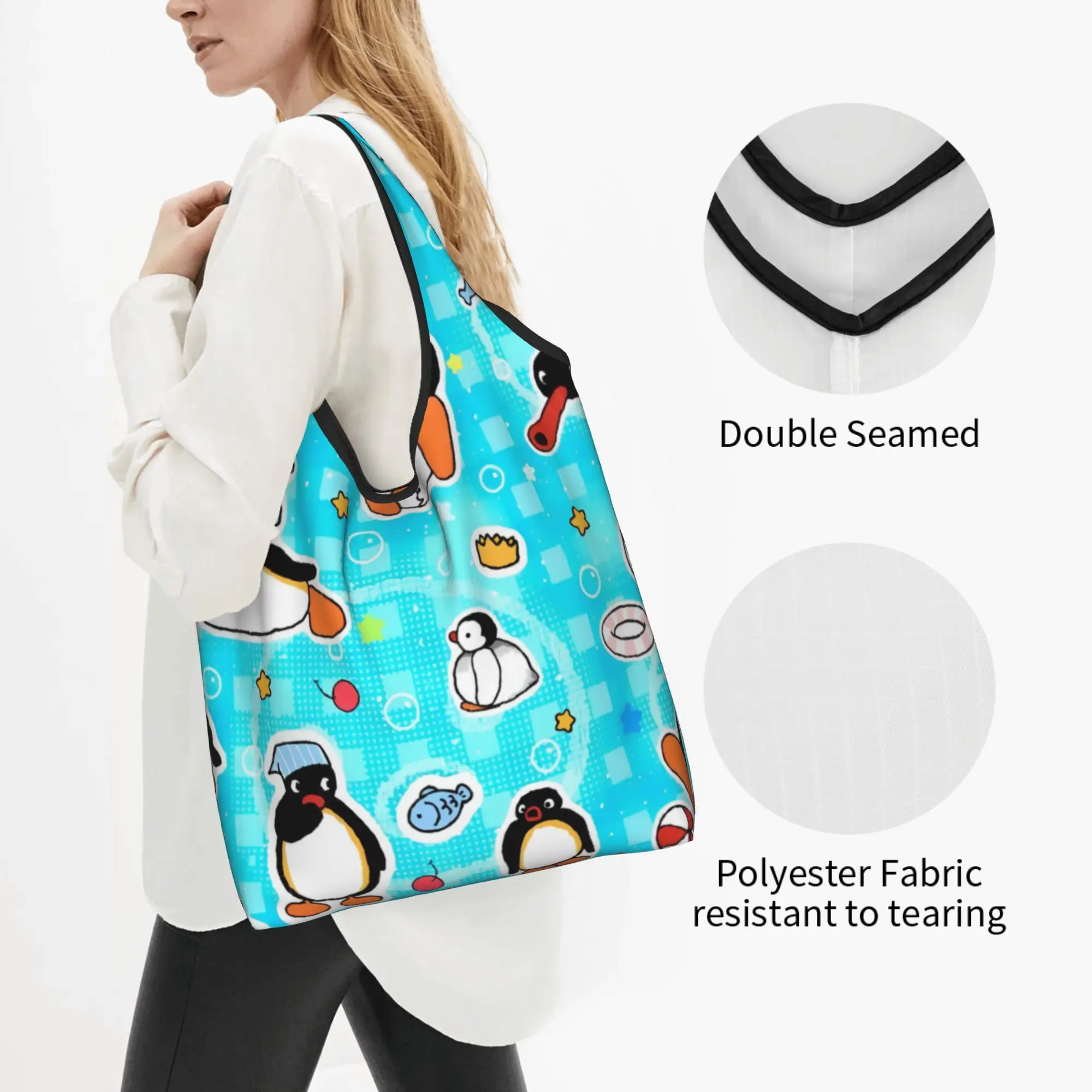 Penguin Cartoon Manga Groceries Shopping Bag Custom Shopper Tote Shoulder Bag Large Capacity Portable  Handbag