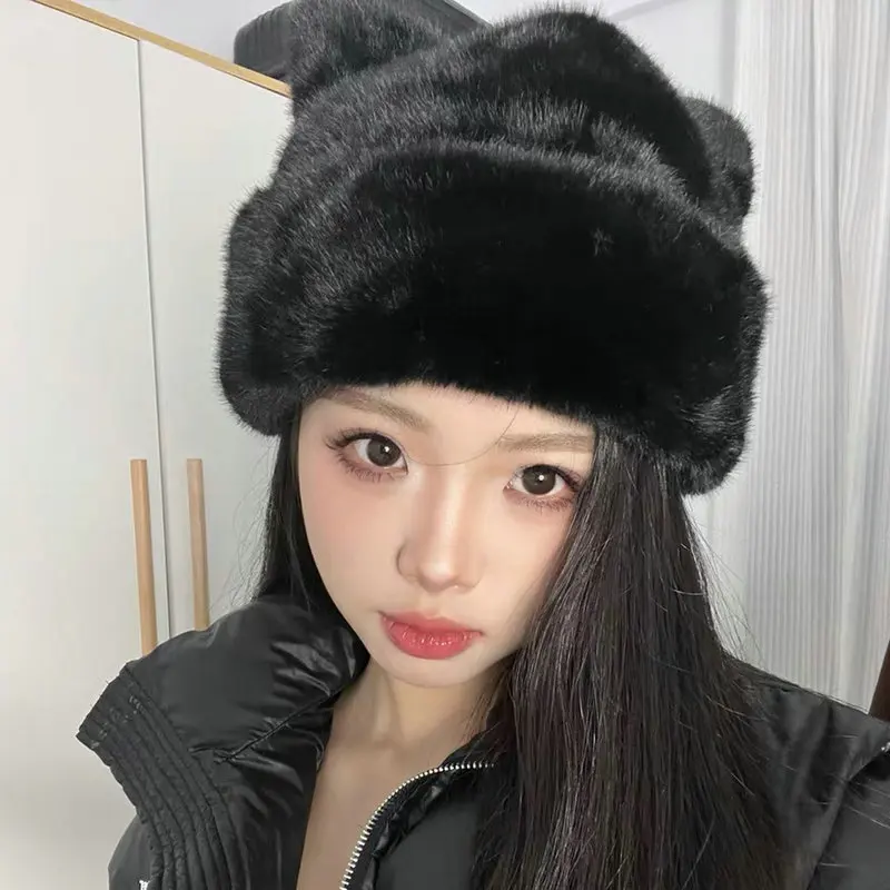 Nuevo gorro Retro de felpa con orejas de gato, gorro grueso y cálido a prueba de frío para invierno, gorro con protección para los oídos cálido y frío a la moda de Color sólido Simple