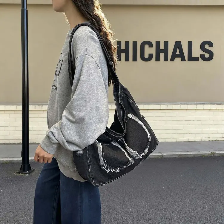 

Vintage Denim Hobo Tote Bag, Dual Carry Design, Spacious & Stylish with Patchwork Detail for Everyday Casual Activities