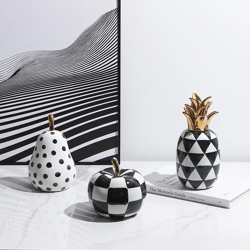 Ceramic Crafts Artificial Fruits Checked Apples Geometric Pineapple Ceramic Sculptures Decorative Figurines Home Decoration