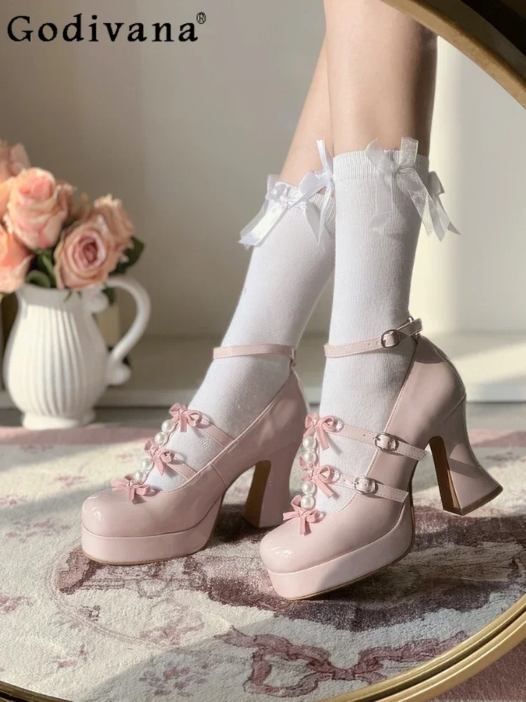 

Fashion Bowknot Square Toe Square Heel Women High-Heeled Shoes Spring and Autumn Pearl Elegant Sweet Cute Pearl High Heels