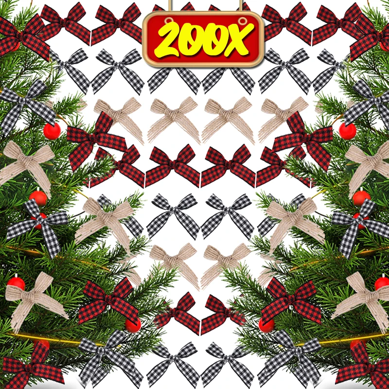 20/200PCS Mini Plaid Bow Ornaments DIY Christmas Tree Red Black Gingham Ribbon Decoration New Year Party Gifts Package Supplies