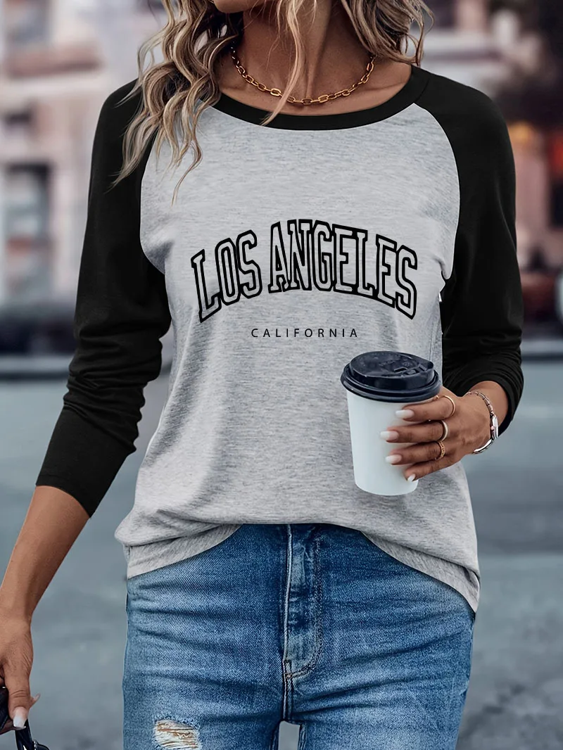 Modisches Los Angeles Kalifornien Print Casual Langarm T-Shirt Harajuku Winter Herbst Grafik Hip Hop Locker Sitzendes T-Shirt für Damen – Detail 2