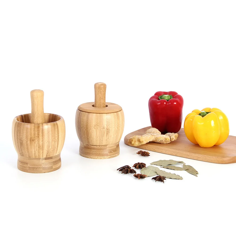 

Bamboo Garlic Press Pot Pestle Set With Lid Medium Size Color Kitchen Accessories For Spice Grinding Home