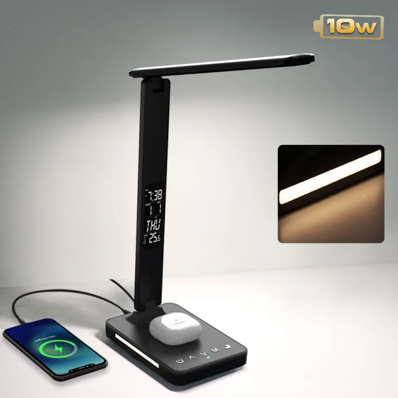 

10W QI Wireless Charging LED Desk Lamp With Night Light Calendar Temperature Alarm Clock Eye Protect Study Light Table Lamp