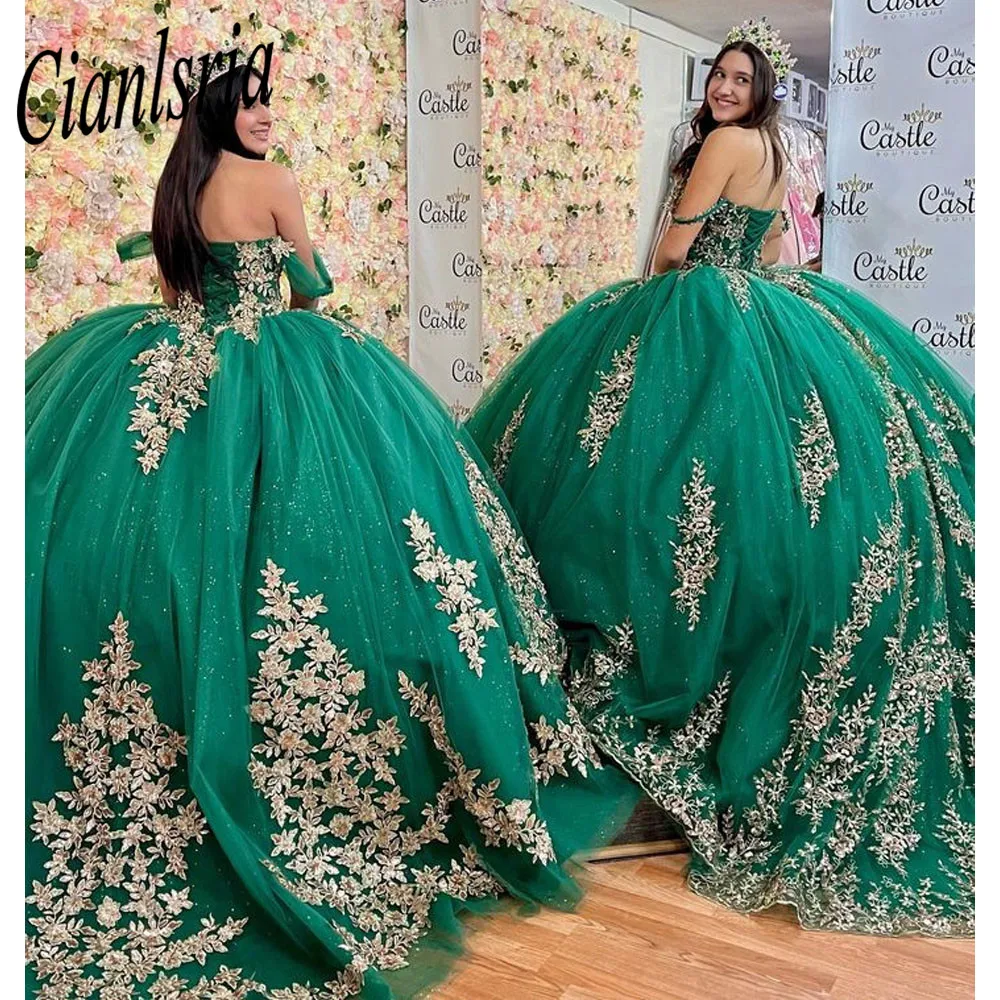 Verde Fora Do Ombro Ball Gown Vestido Quinceanera Para Menina Frisado Birthday Party Vestidos Apliques Prom Vestido De 15 Ano