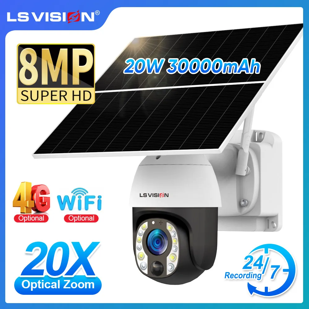 LS VISION 8MP 20X Optical Zoom 24/7 Loop Recording Solar Camera 4K 4G/WiFi Auto Tracking 30000mAh Battery Camera 20W Solar Panel