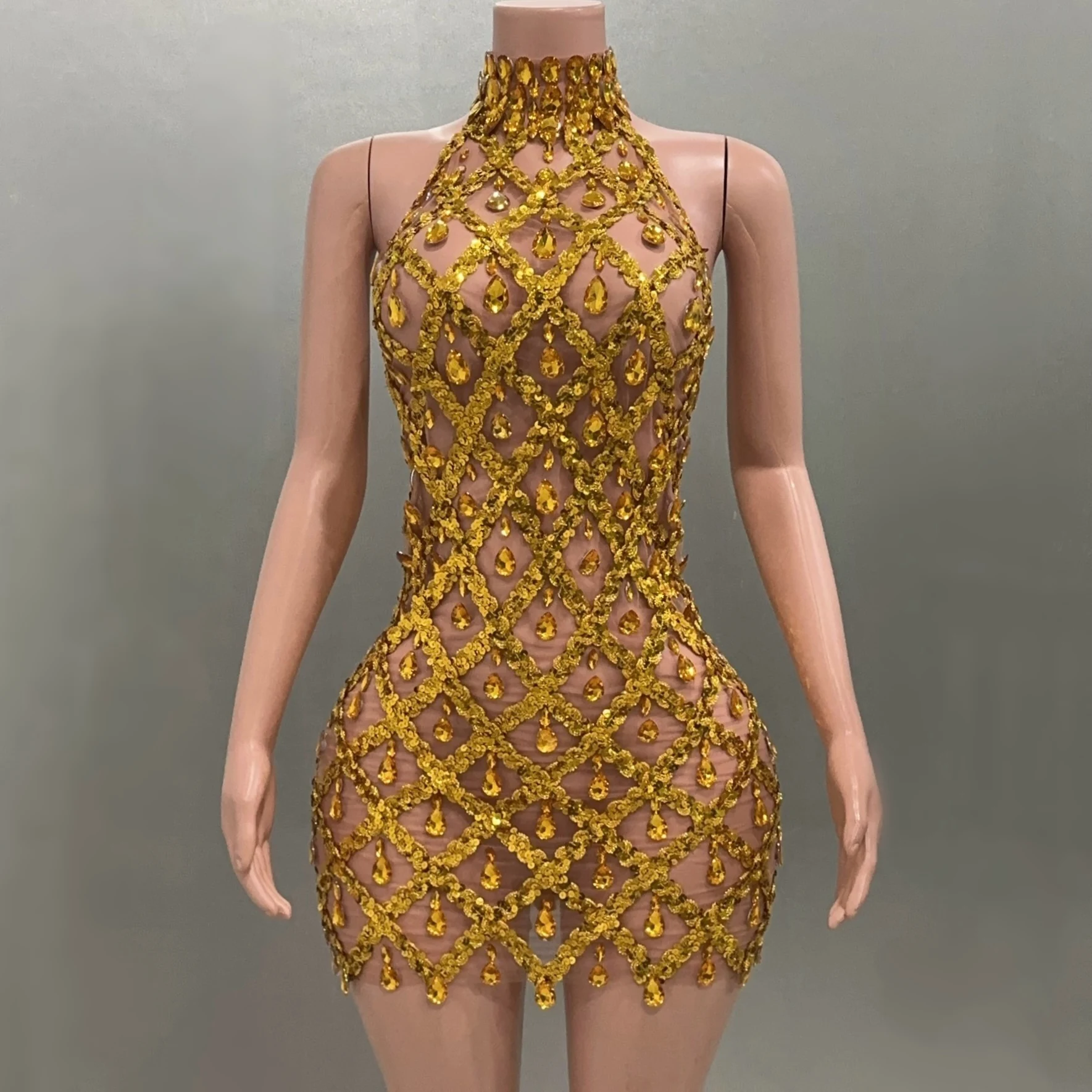 Sexy See-Through Backless Gold Rhinestones Gloves Sheath Dress Evening Party Performance Costume Bar Nightclub Singer Stage Wear