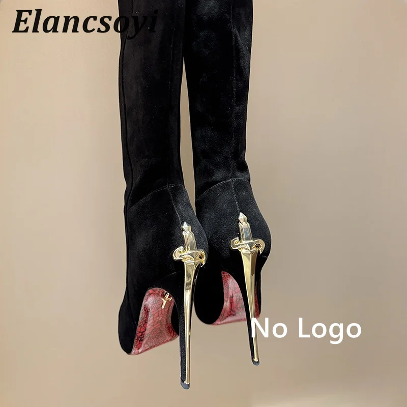 Runway Shoes Women Metal Sword Pointed Toe Super High Heel Long Boots Autumn Winter Sexy Thin Heel Side Zip Over The Knee Botas