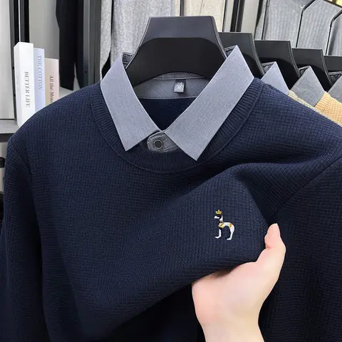 Luxury wool fake two-piece sweater high-end brand exquisite embroidery comfort texture casual pullover trend lapel men's wear