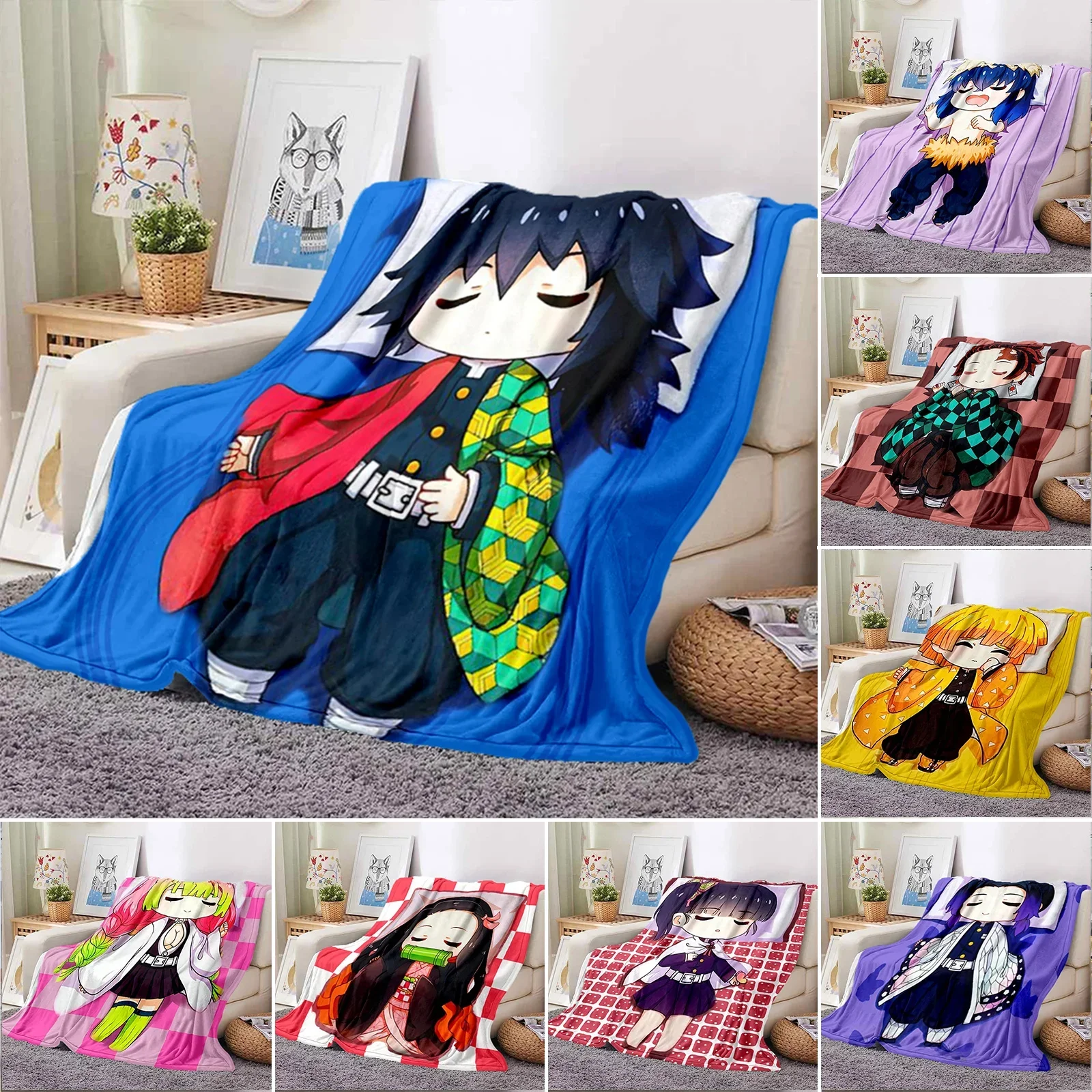 3D Print Demon Slayer Anime Blanket Soft Sofa Cover Throw Tanjirou Nezuko Fleece Tapestry Warm Bed Blankets for Bedroom Couch