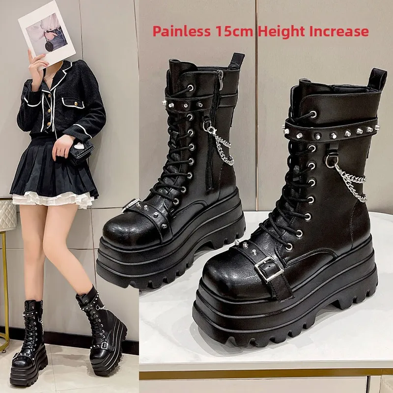

Elevated Boots 15cm Small Size Comic Con Hidden Heel Mid-Calf Puffy Shoes Large Size Platform Shoes Waterproof PU
