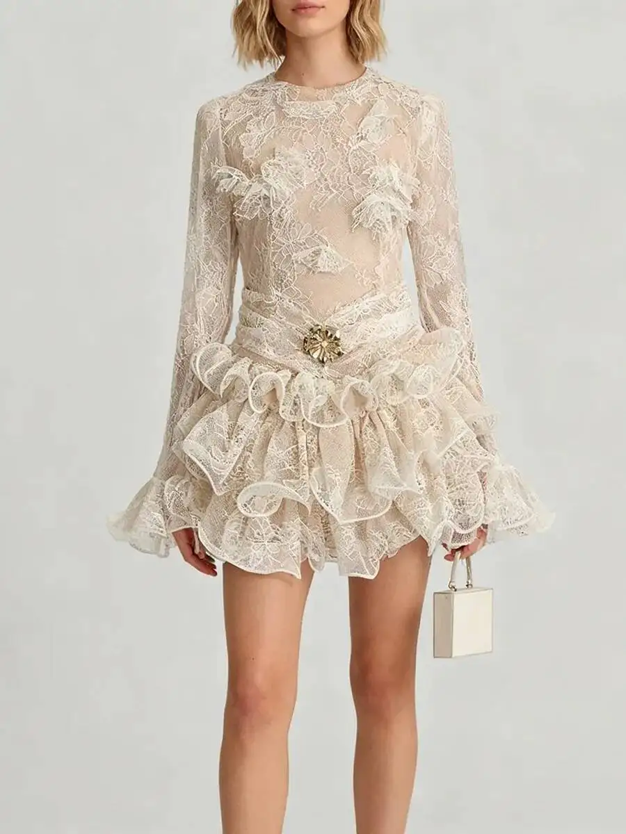 QMQA فساتين نسائية أنيقة شفافة مكشكشة قابلة للطي فساتين صغيرة رقبة مستديرة وأكمام طويلة مرقعة فستان مطرز جديد QM993