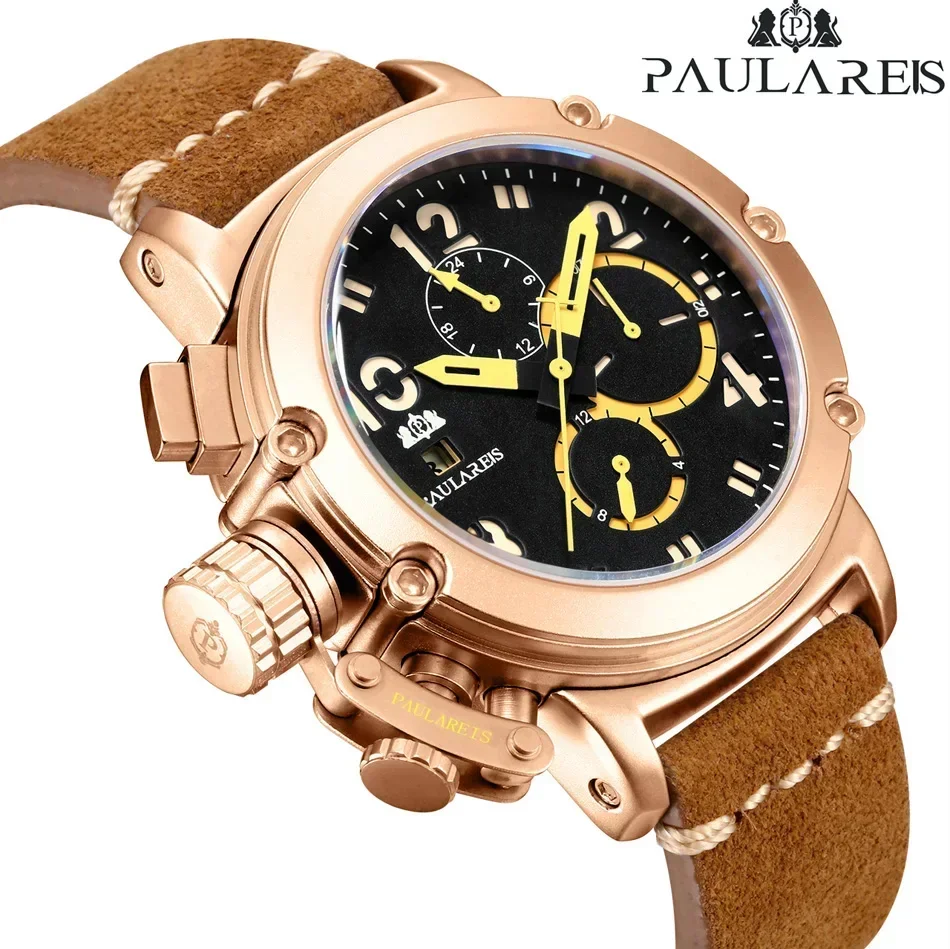 Men Automatic Self Wind Mechanical Genuine Brown Leather Multifunction Date Boat Month Luminous Limited Rose Gold Bronze U Watch