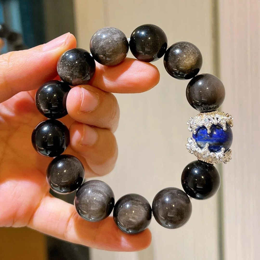 

14 мм крупные частицы, высококачественный серебряный обсидиан, лазурит, смешанный и соответствующий браслет Duobao, европейский и американский браслет