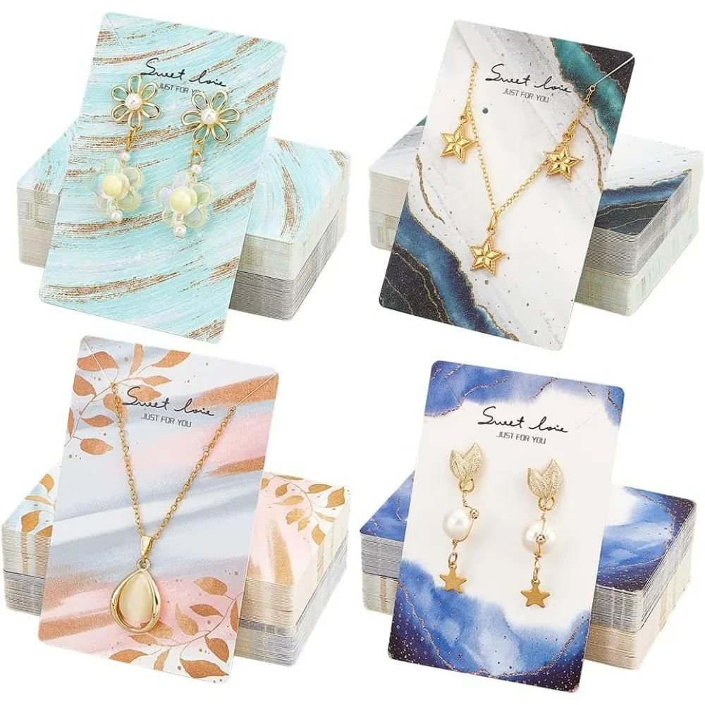 120 Pcs 4 Styles Necklace Earring Display Cards Leaves & Ink Painting Pattern Earring Cards for Selling 2.4x3.6 inch Jewelry