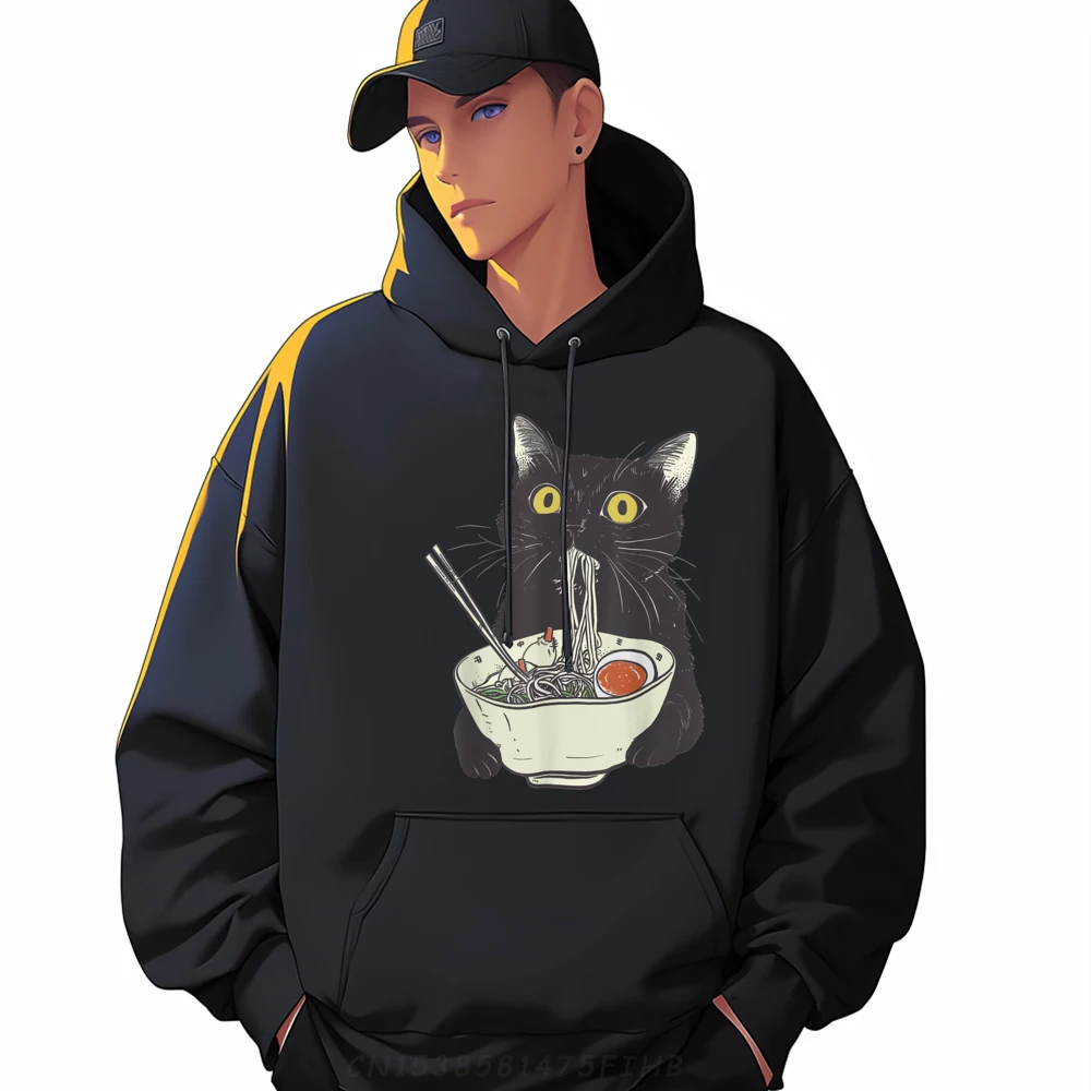 Funny Cat Eating Ramen Vintage Japanese Noodles Street Wear Hoodies Mens High Quality Print