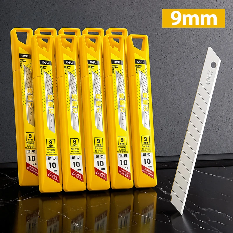 DELI 9mm Utility Knife Replacement Blades 0.4mm Alloy Steel 60° Snap Off Box Cutter Blades for Crafts DIY Office Home Use