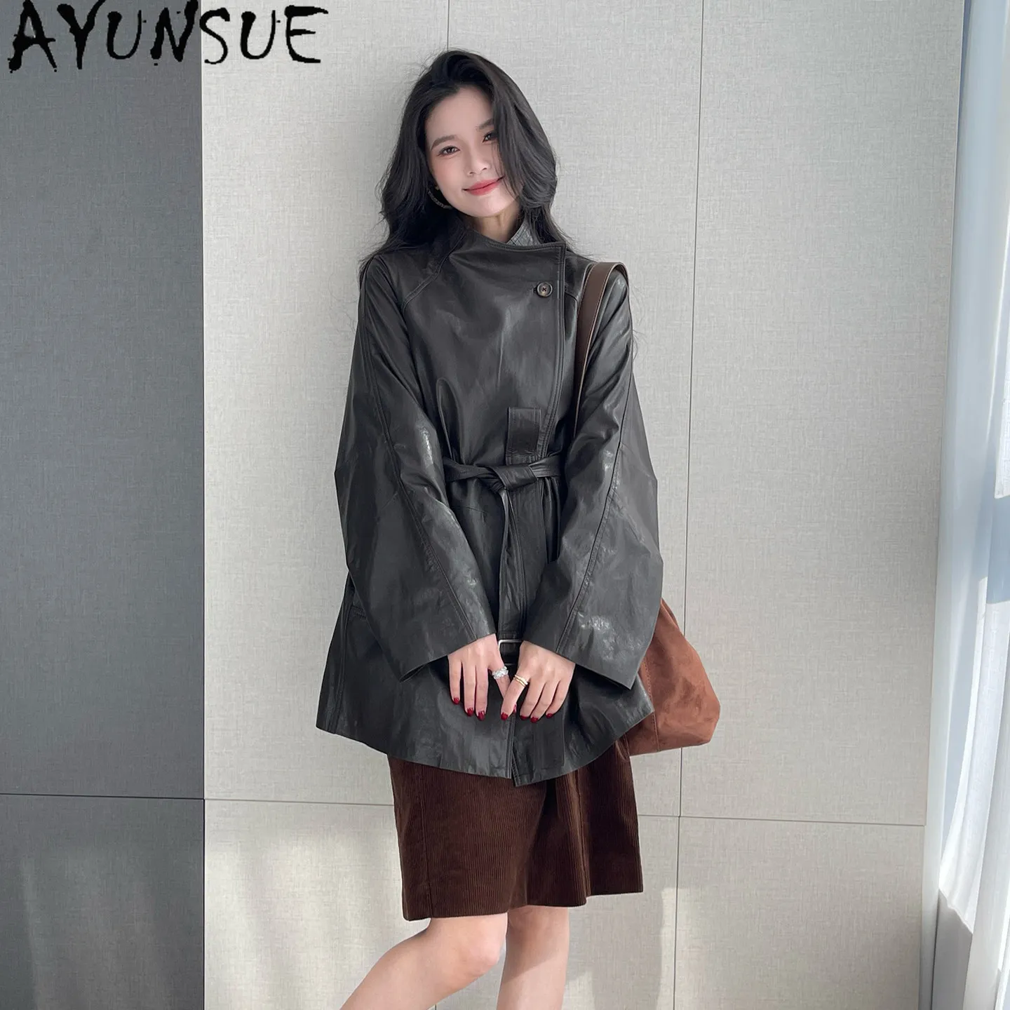 AYUNSUE 100% Sheepskin Real Leather Jacket Women Clothing Thin Style Autumn Clothes Woman Mid-length Coat Belt All Plant Tanning